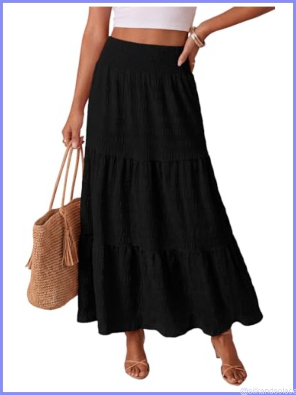 Boho Maxi Skirt Smocked Tiered A-Line Long Flowy Beach Vacation Skirt with
